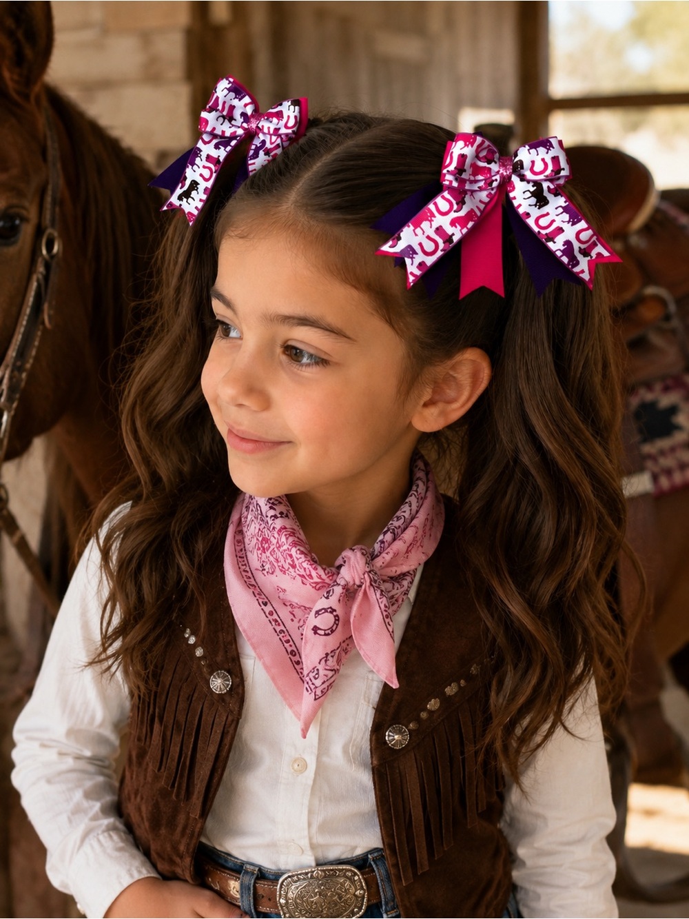 Girls Pink & Purple Horse Print Equestrian Hair Bows - Kids Accessories